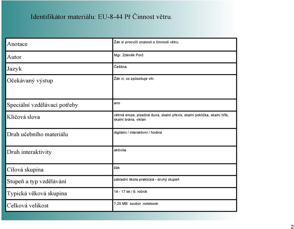 Speciální vzdělávací potřeby Klíčová slova Druh učebního materiálu ano větrná eroze, písečná duna, skalní převis, skalní poklička, skalní hřib,