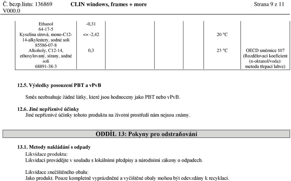 Jiné nepříznivé účinky Jiné nepříznivé účinky tohoto produktu na životní prostředí nám nejsou známy. ODDÍL 13