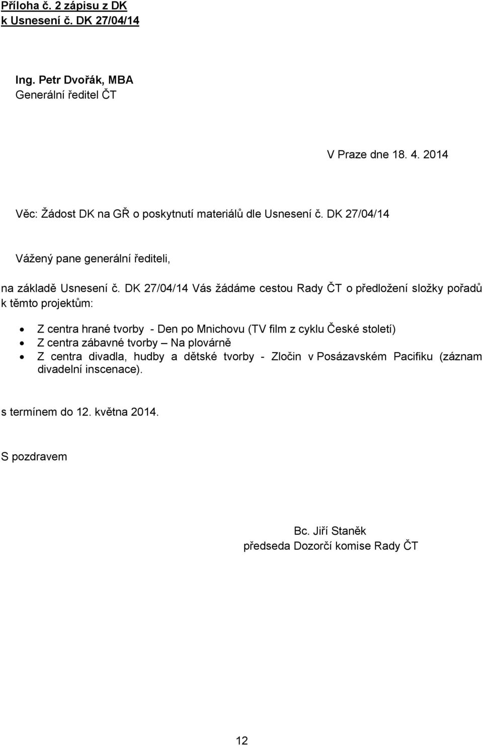 DK 27/04/14 Vás žádáme cestou o předložení složky pořadů k těmto projektům: Z centra hrané tvorby - Den po Mnichovu (TV film z cyklu České století) Z