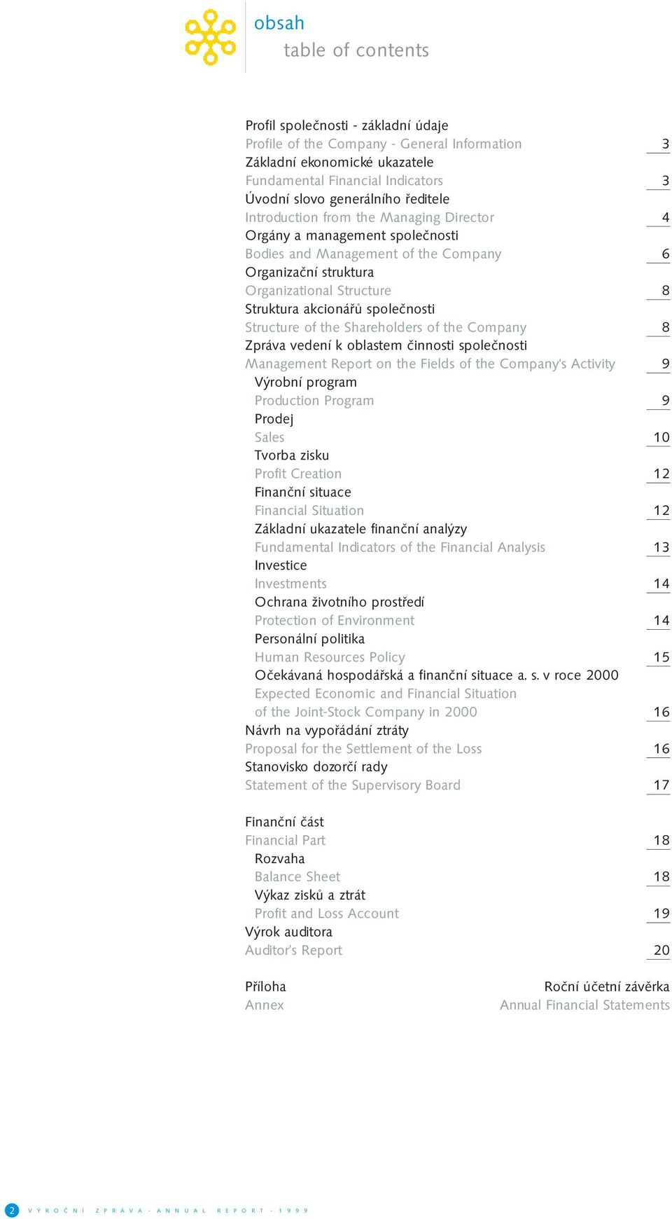 společnosti Structure of the Shareholders of the Company 8 Zpráva vedení k oblastem činnosti společnosti Management Report on the Fields of the Company s Activity 9 Výrobní program Production Program