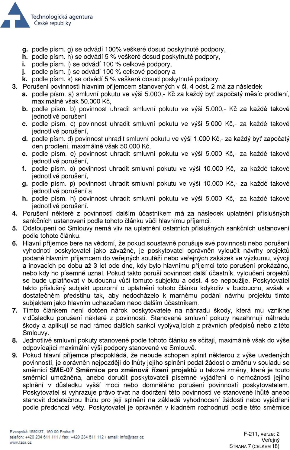 000,- Kč za každý byť započatý měsíc prodlení, maximálně však 50.000 Kč, b. podle písm. b) povinnost uhradit smluvní pokutu ve výši 5.000,- Kč za každé takové jednotlivé porušení c. podle písm. c) povinnost uhradit smluvní pokutu ve výši 5.