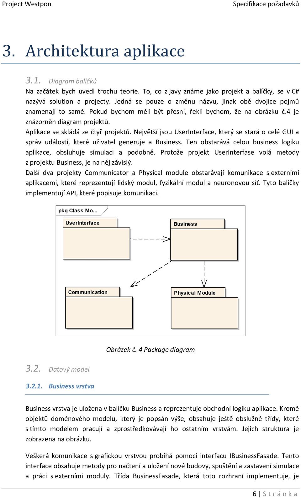 Aplikace se skládá ze čtyř projektů. Největší jsou UserInterface, který se stará o celé GUI a správ událostí, které uživatel generuje a Business.