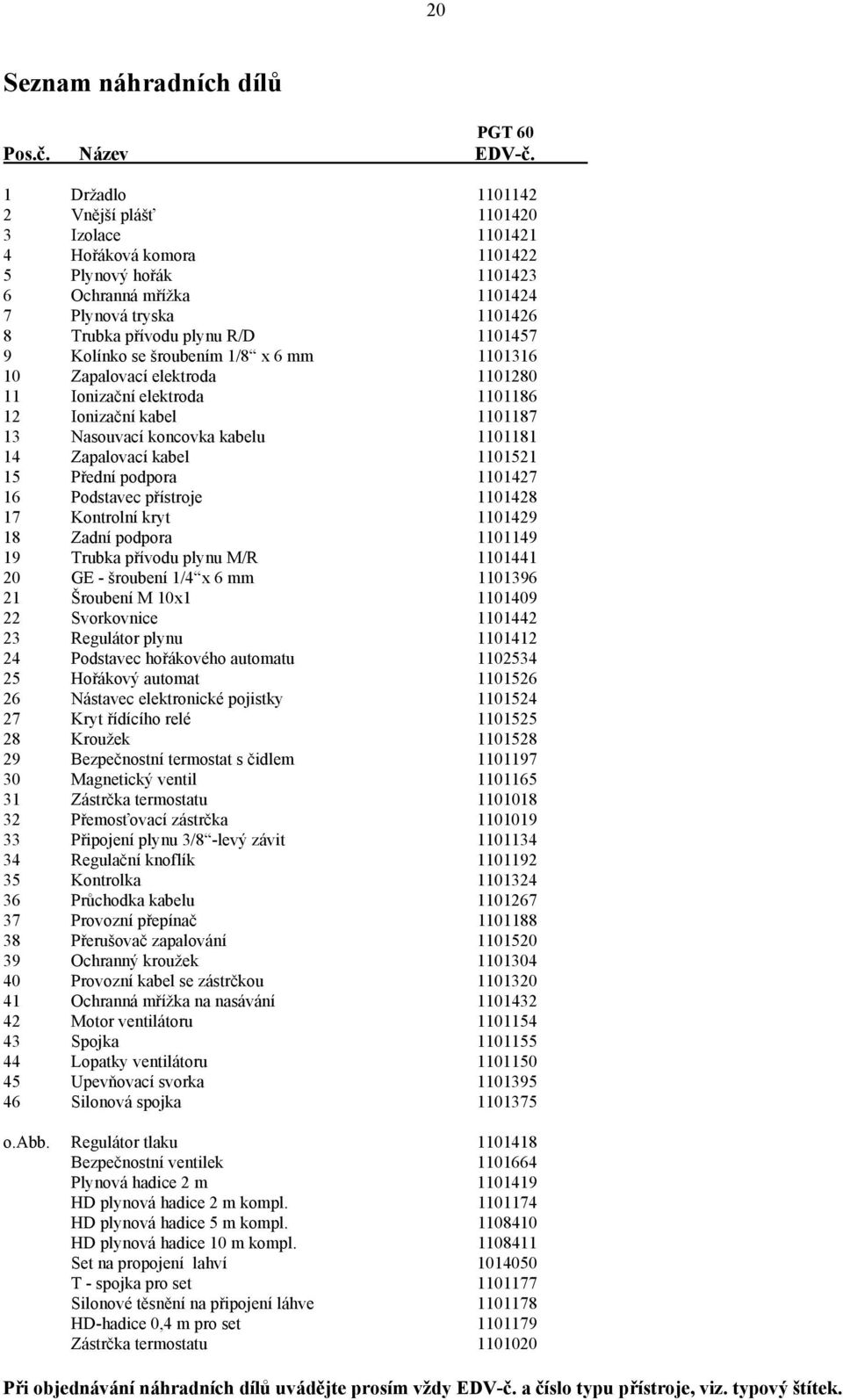 Kolínko se šroubením 1/8 x 6 mm 1101316 10 Zapalovací elektroda 1101280 11 Ionizační elektroda 1101186 12 Ionizační kabel 1101187 13 Nasouvací koncovka kabelu 1101181 14 Zapalovací kabel 1101521 15