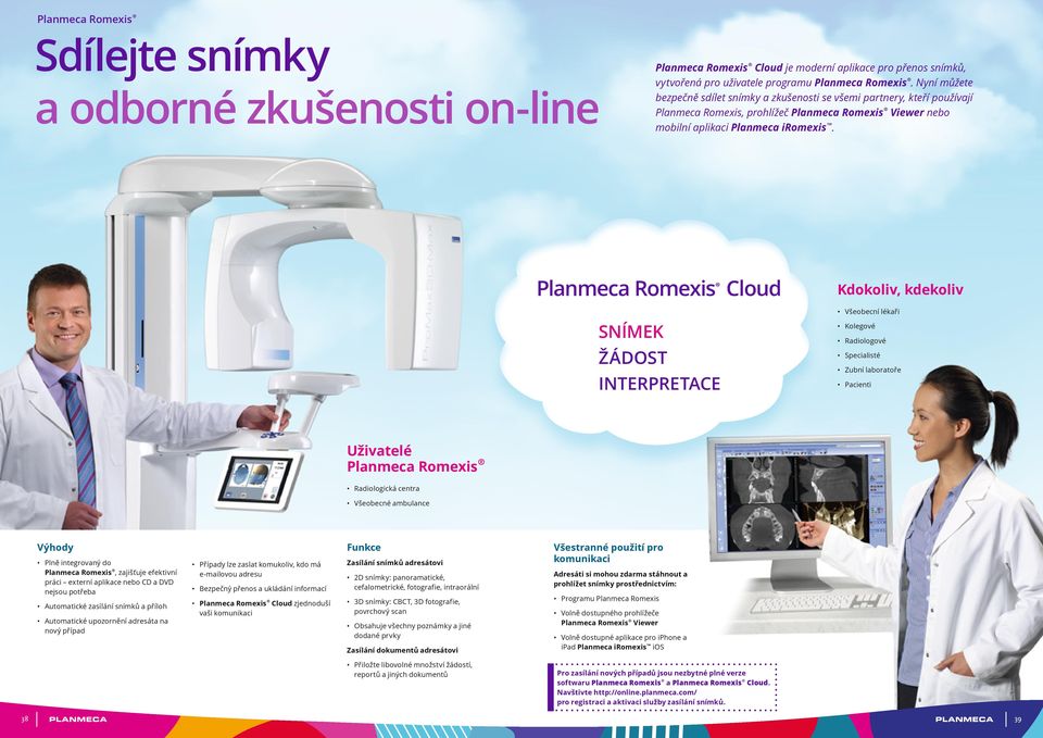 Planmeca Romexis Cloud SNÍMEK ŽÁDOST INTERPRETACE Kdokoliv, kdekoliv Všeobecní lékaři Kolegové Radiologové Specialisté Zubní laboratoře Pacienti Uživatelé Planmeca Romexis Radiologická centra