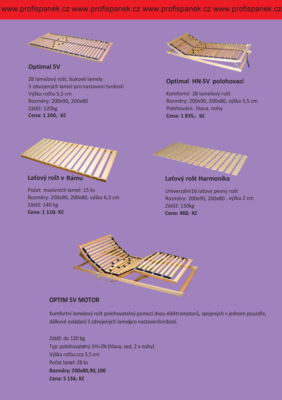 110,- K La ový rošt Harmonika Univerzální 16 la ový pevný rošt Rozm ry: 200x90, 200x80, výška 2 cm Zát ž: 130kg Cena: 460,- K OPTIM 5V MOTOR Komfortní lamelový rošt polohovatelný pomocí dvou