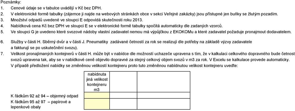 Množství odpadů uvedené ve sloupci E odpovídá skutečnosti roku 2013. 4. Nabídková cena Kč bez DPH ve sloupci E se v elektronické formě tabulky spočítá automaticky dle zadaných vzorců. 5.