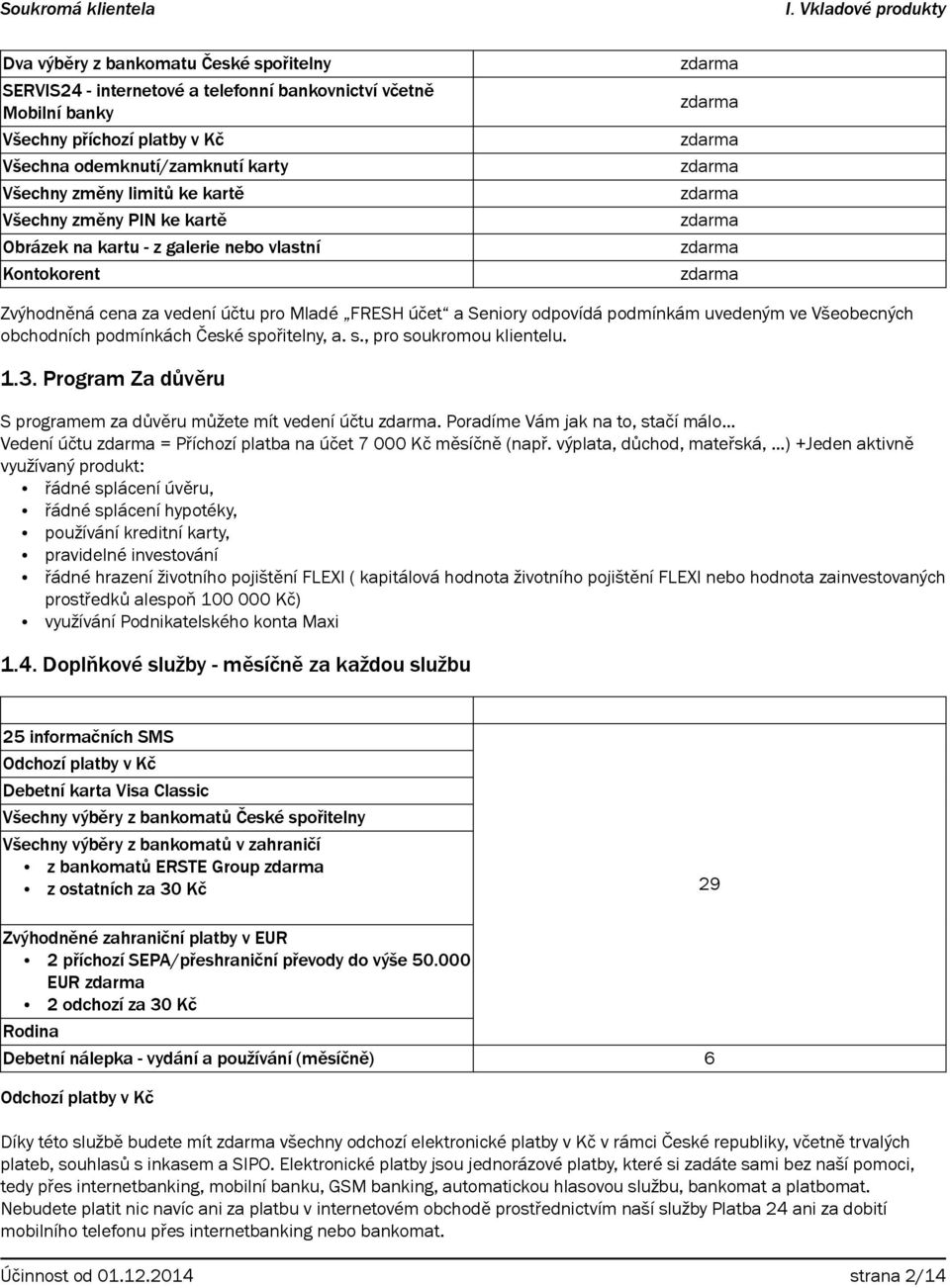 obchodních podmínkách České spořitelny, a. s., pro soukromou klientelu. 1.3. Program Za důvěru S programem za důvěru můžete mít vedení účtu.