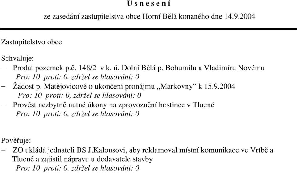 2004 Provést nezbytně nutné úkony na zprovoznění hostince v Tlucné Pověřuje: ZO ukládá jednateli BS