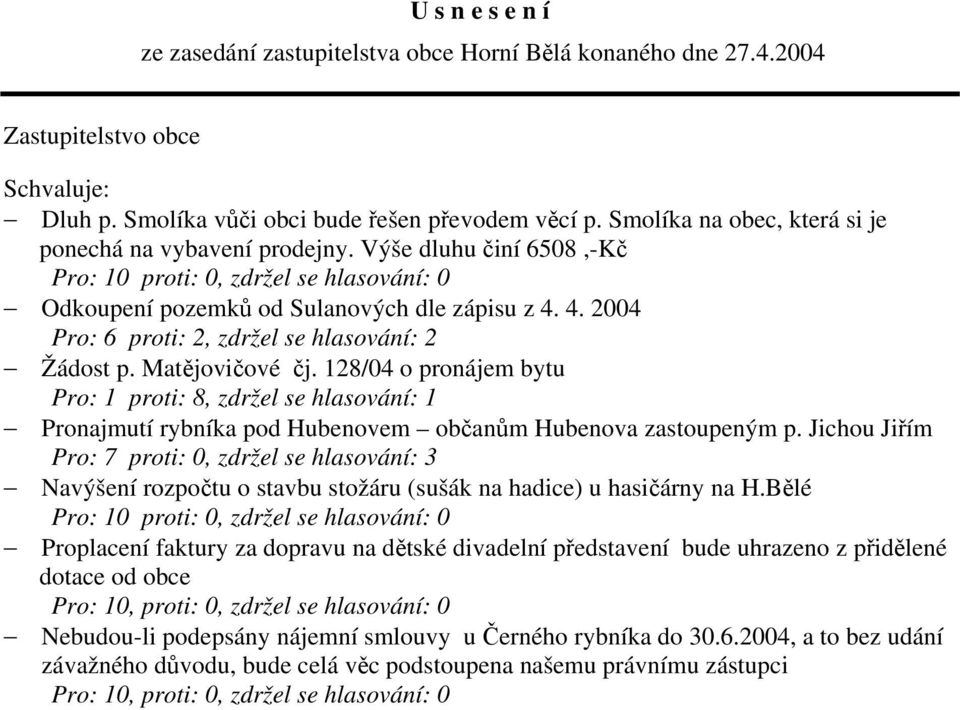 128/04 o pronájem bytu Pro: 1 proti: 8, zdržel se hlasování: 1 Pronajmutí rybníka pod Hubenovem občanům Hubenova zastoupeným p.