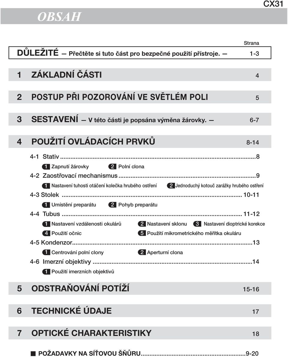 ..9 1 Nastavení tuhosti otáčení kolečka hrubého ostření 2 Jednoduchý kotouč zarážky hrubého ostření 4-3 Stolek... 10-11 1 Umístění preparátu 2 Pohyb preparátu 4-4 Tubus.