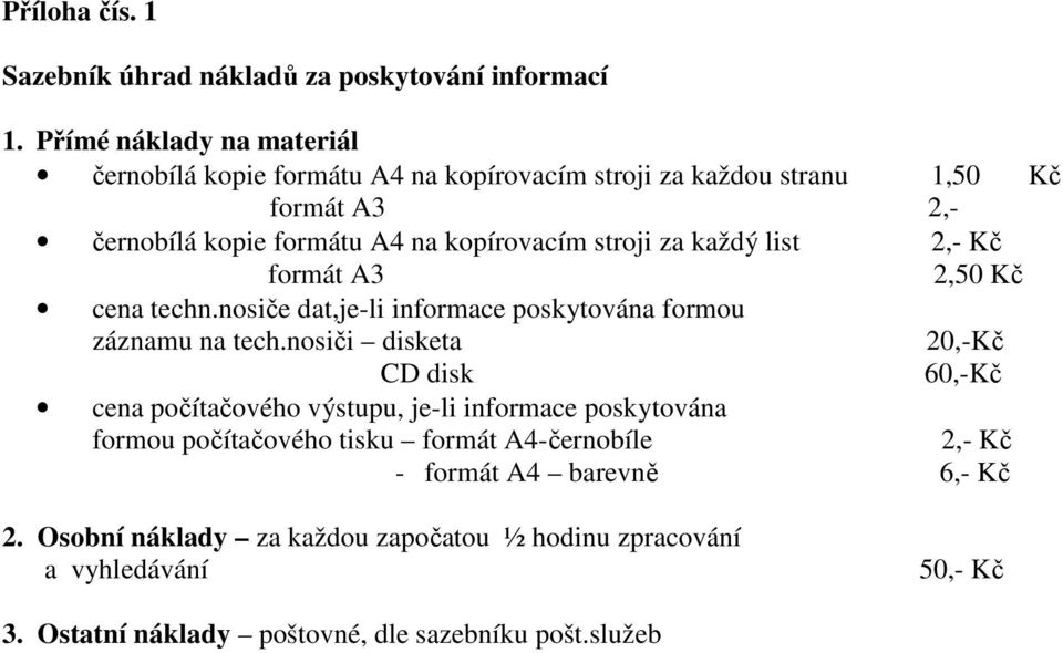 stroji za každý list 2,- Kč formát A3 2,50 Kč cena techn.nosiče dat,je-li informace poskytována formou záznamu na tech.