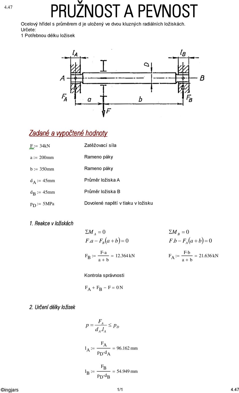 ložiska A Průměr ložiska B Dovolené napětí v tlaku v ložisku 1. Reakce v ložiskách M A 0. a B a b 0 M B 0.