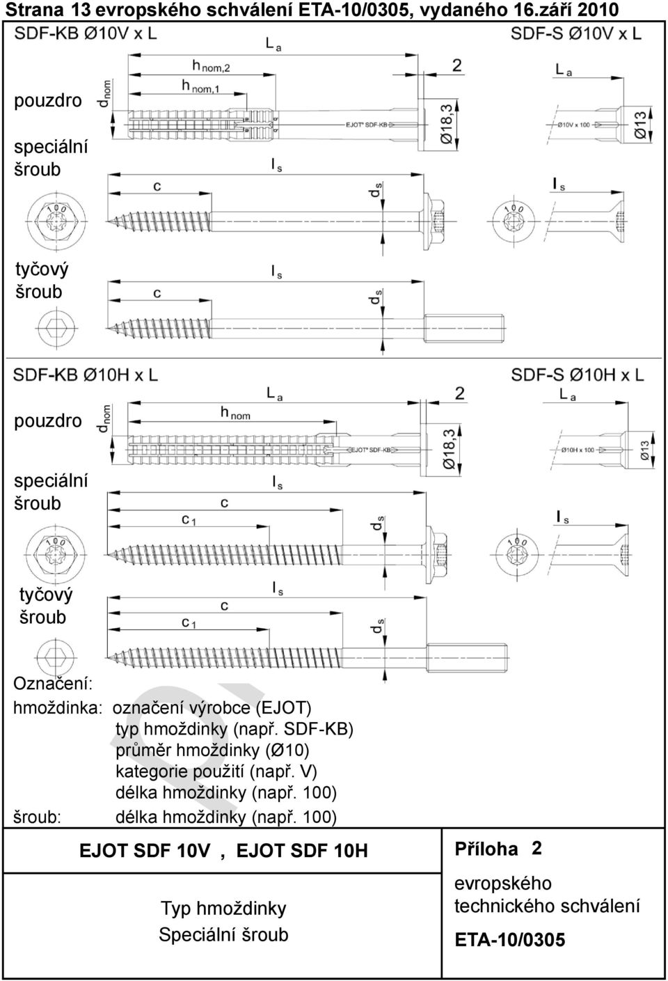 označení výrobce (EJOT) typ hmoždinky (např. SDF-KB) průměr hmoždinky (Ø10) kategorie použití (např.