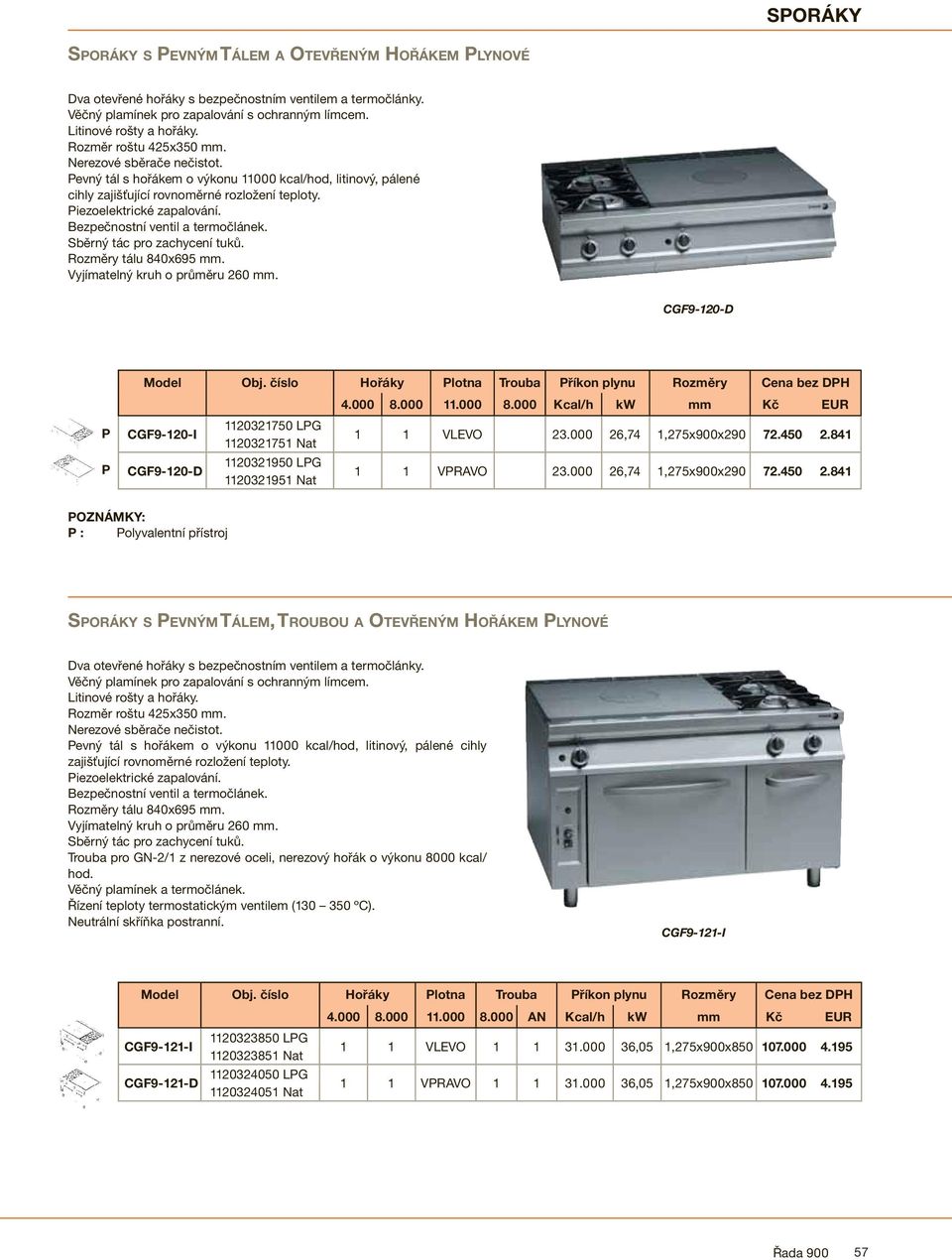 Vyjímatelný kruh o průměru 260 mm. CGF9-120-D Model Obj. číslo Hořáky lotna Trouba říkon plynu Rozměry Cena bez DH 4.000 8.000 11.000 8.000 Kcal/h kw mm Kč EUR CGF9-120-I 1120321750 LG 1120321751 Nat 1 1 VLEVO 23.