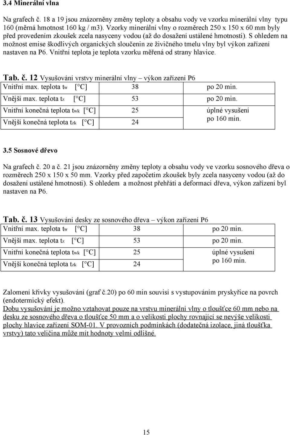 S ohledem na možnost emise škodlivých organických sloučenin ze živičného tmelu vlny byl výkon zařízení nastaven na P6. Vnitřní teplota je teplota vzorku měřená od strany hlavice. Tab. č.