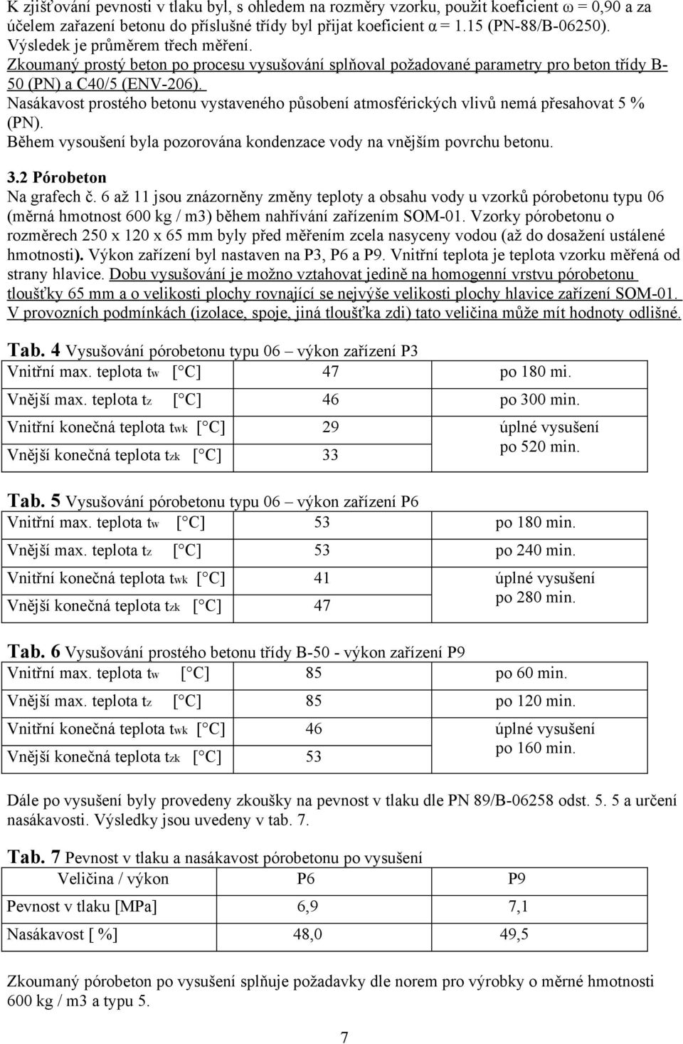 Nasákavost prostého betonu vystaveného působení atmosférických vlivů nemá přesahovat 5 % (PN). Během vysoušení byla pozorována kondenzace vody na vnějším povrchu betonu. 3.2 Pórobeton Na grafech č.