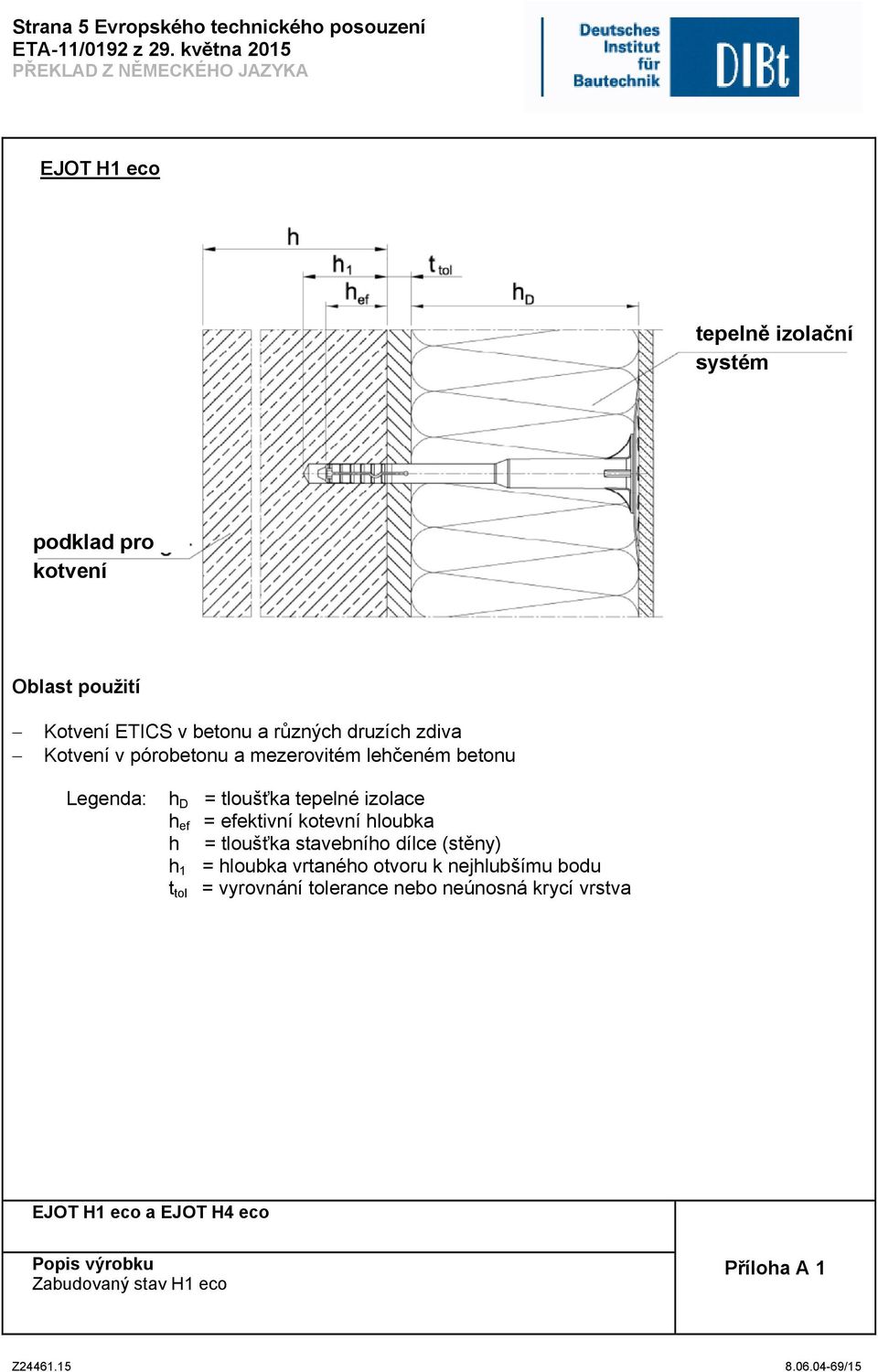 tloušťka tepelné izolace h ef = efektivní kotevní hloubka h = tloušťka stavebního dílce (stěny) h 1 = hloubka vrtaného