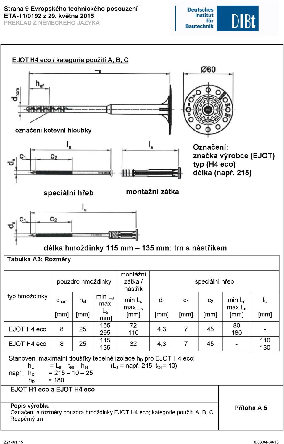 115 135 montážní zátka / nástřik min L s max L s 72 110 d n c 1 speciální hřeb c 2 4,3 7 45 min L n max L n 80 180 32 4,3 7 45 - Stanovení maximální tloušťky tepelné izolace h D pro EJOT H4