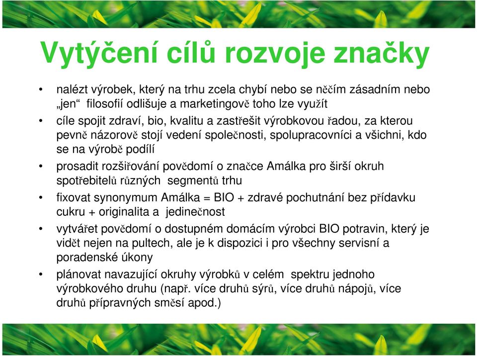 různých segmentů trhu fixovat synonymum Amálka = BIO + zdravé pochutnání bez přídavku cukru + originalita a jedinečnost vytvářet povědomí o dostupném domácím výrobci BIO potravin, který je vidět