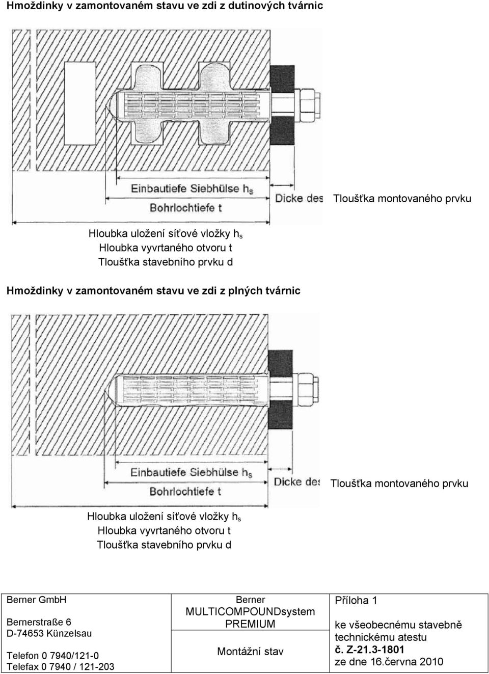 vložky h s Hloubka vyvrtaného otvoru t Tloušťka stavebního prvku d Berner GmbH Bernerstraße 6 D-74653 Künzelsau Telefon 0 7940/121-0 Telefax 0