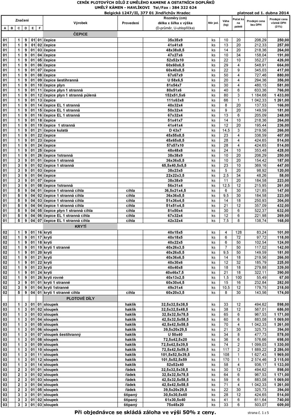 04 čepice 47x27x6 ks 10 34 158,04 191,00 01 1 9 01 05 čepice 52x52x10 ks 22 10 352,27 426,00 01 1 9 01 06 čepice 60x60x6,5 ks 29 4 548,91 664,00 01 1 9 01 07 čepice 60x40x8,5 ks 22 9 345,03 417,00 01