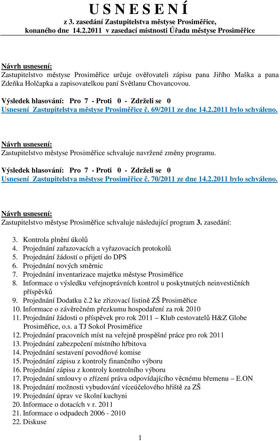 Usnesení Zastupitelstva městyse Prosiměřice č. 69/2011 ze dne 14.2.2011 bylo schváleno. Zastupitelstvo městyse Prosiměřice schvaluje navržené změny programu.