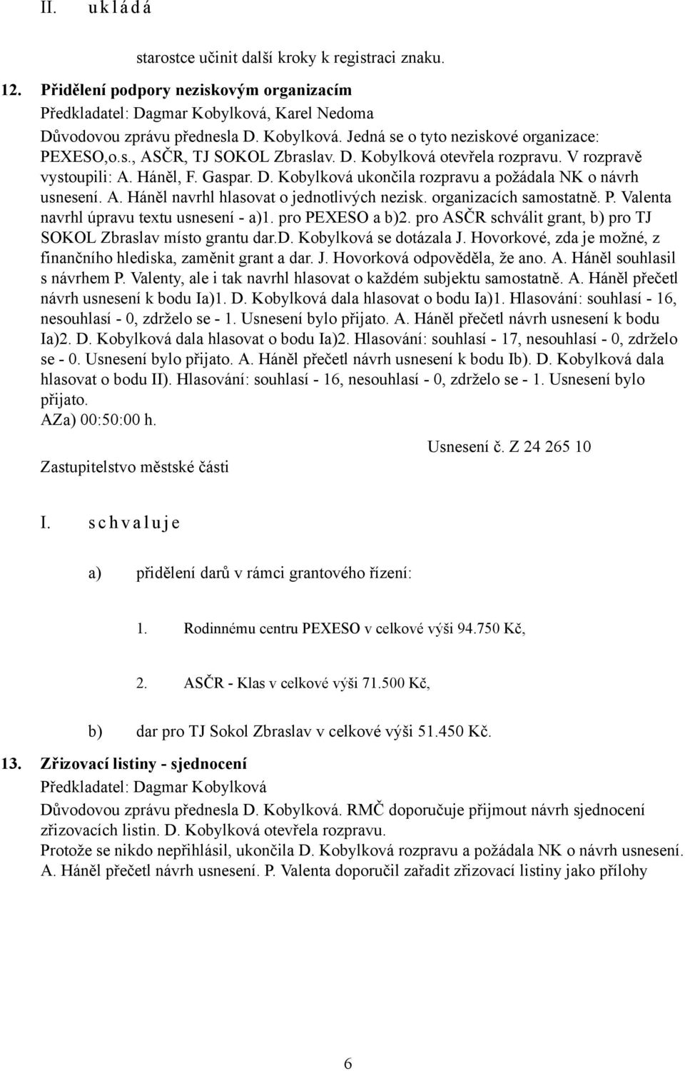 A. Háněl navrhl hlasovat o jednotlivých nezisk. organizacích samostatně. P. Valenta navrhl úpravu textu usnesení - a)1. pro PEXESO a b)2.