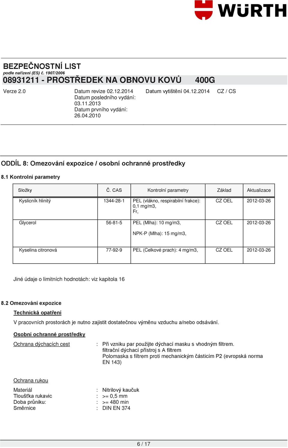 NPK-P (Mlha): 15 mg/m3, 77-92-9 PEL (Celkové prach): 4 mg/m3, CZ OEL 2012-03-26 Jiné údaje o limitních hodnotách: viz kapitola 16 8.