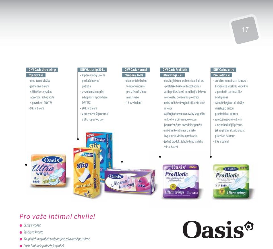 středně silnou menstruaci 16 ks v balení DHV Oasis ProBiotic ultra wings 9 ks obsahují čistou probiotickou kulturu - přátelské bakterie Lactobacillus acidophilus, které pomáhají udržovat rovnováhu