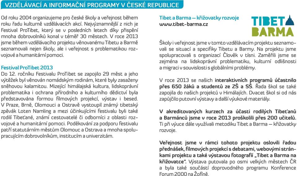 V roce 2013 jsme během vzdělávacího projektu věnovanému Tibetu a Barmě seznamovali nejen školy, ale i veřejnost s problematikou rozvojové a humanitární pomoci. Festival ProTibet 2013 Do 12.