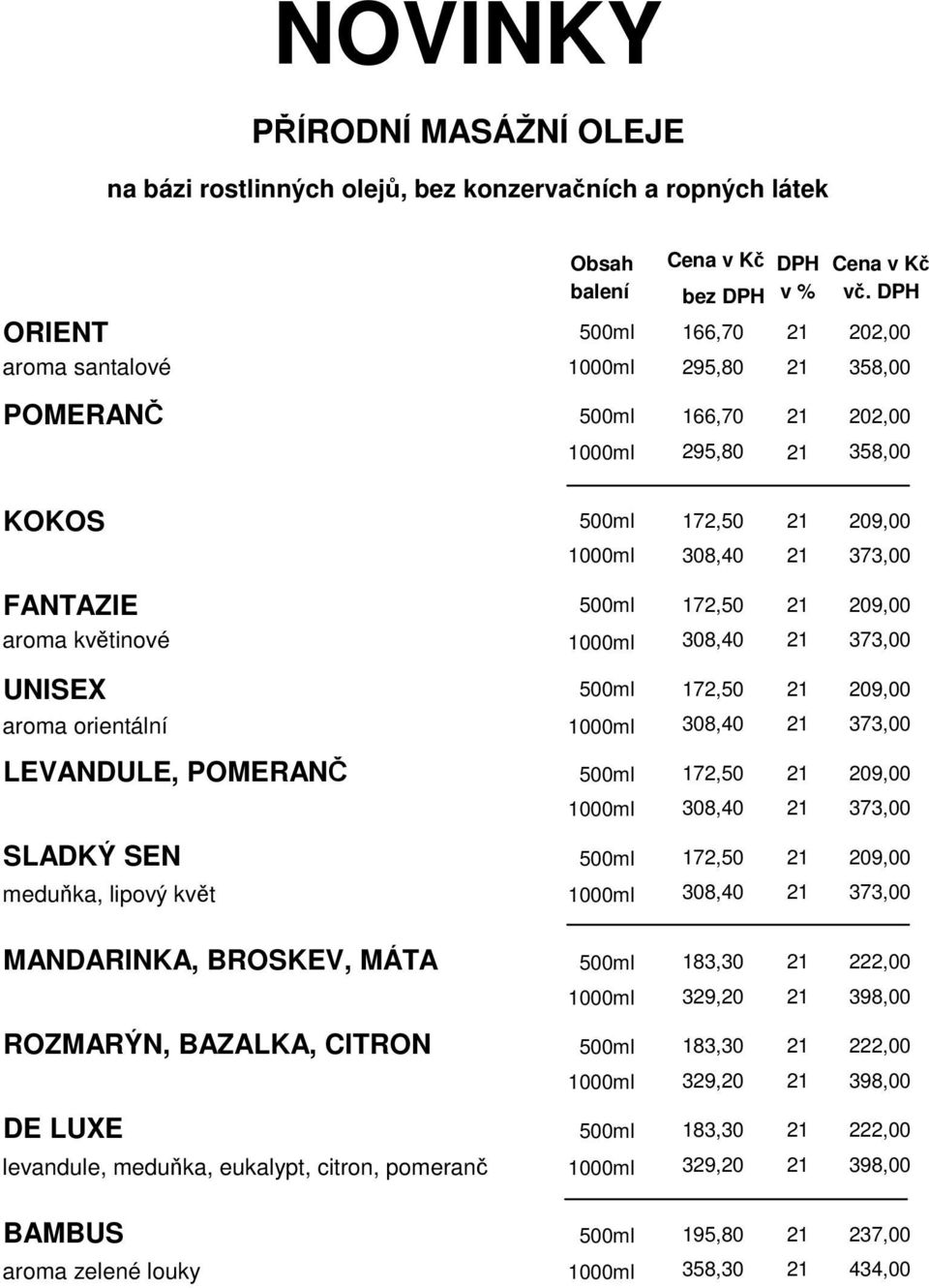 POMERANČ 500ml 172,50 209,00 1000ml 308,40 373,00 SLADKÝ SEN 500ml 172,50 209,00 meduňka, lipový květ 1000ml 308,40 373,00 MANDARINKA, BROSKEV, MÁTA 500ml 183,30 222,00 1000ml 329,20 398,00 ROZMARÝN,