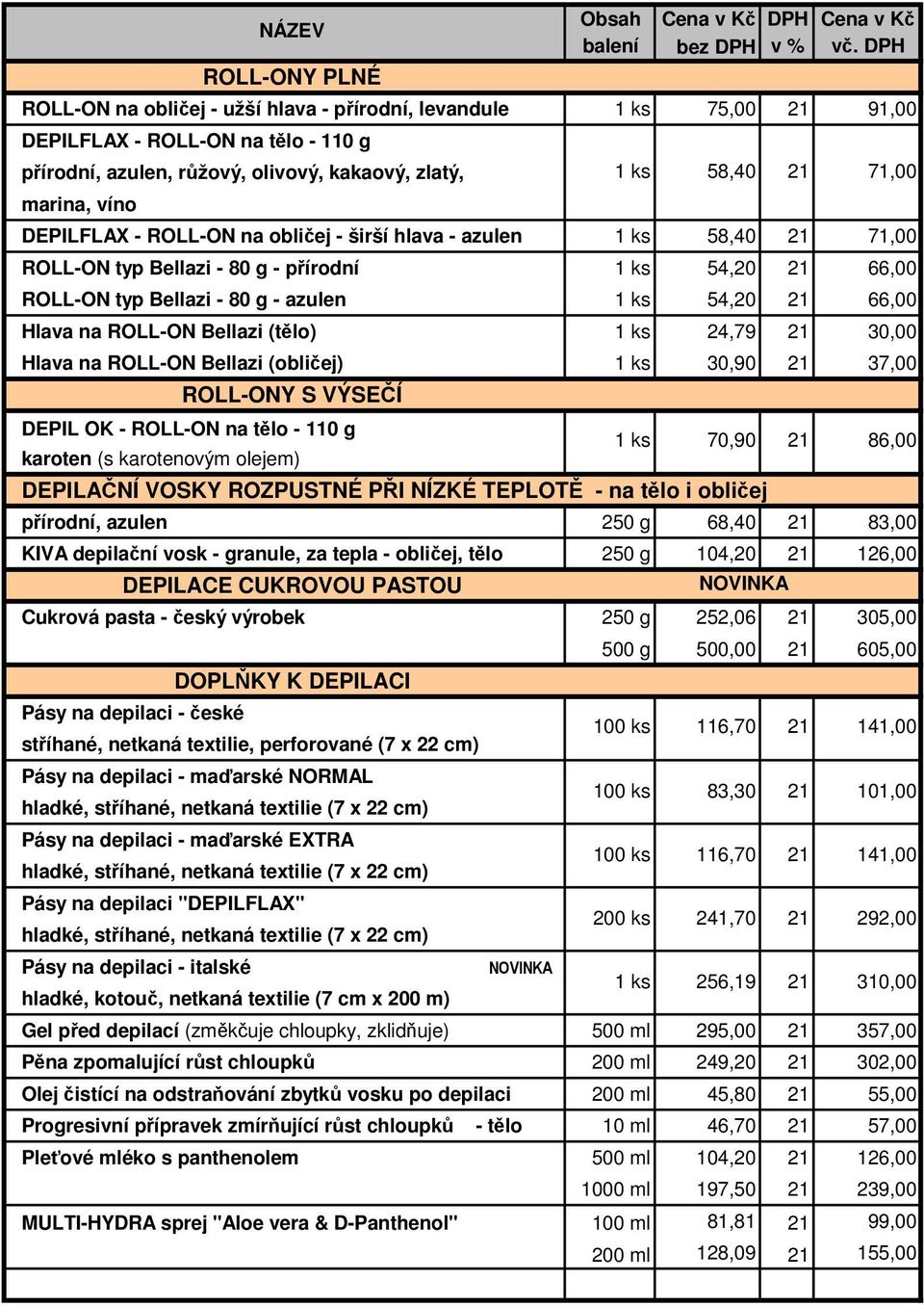 24,79 30,00 Hlava na ROLL-ON Bellazi (obličej) 30,90 37,00 ROLL-ONY S VÝSEČÍ DEPIL OK - ROLL-ON na tělo - 110 g karoten (s karotenovým olejem) 70,90 86,00 DEPILAČNÍ VOSKY ROZPUSTNÉ PŘI NÍZKÉ TEPLOTĚ