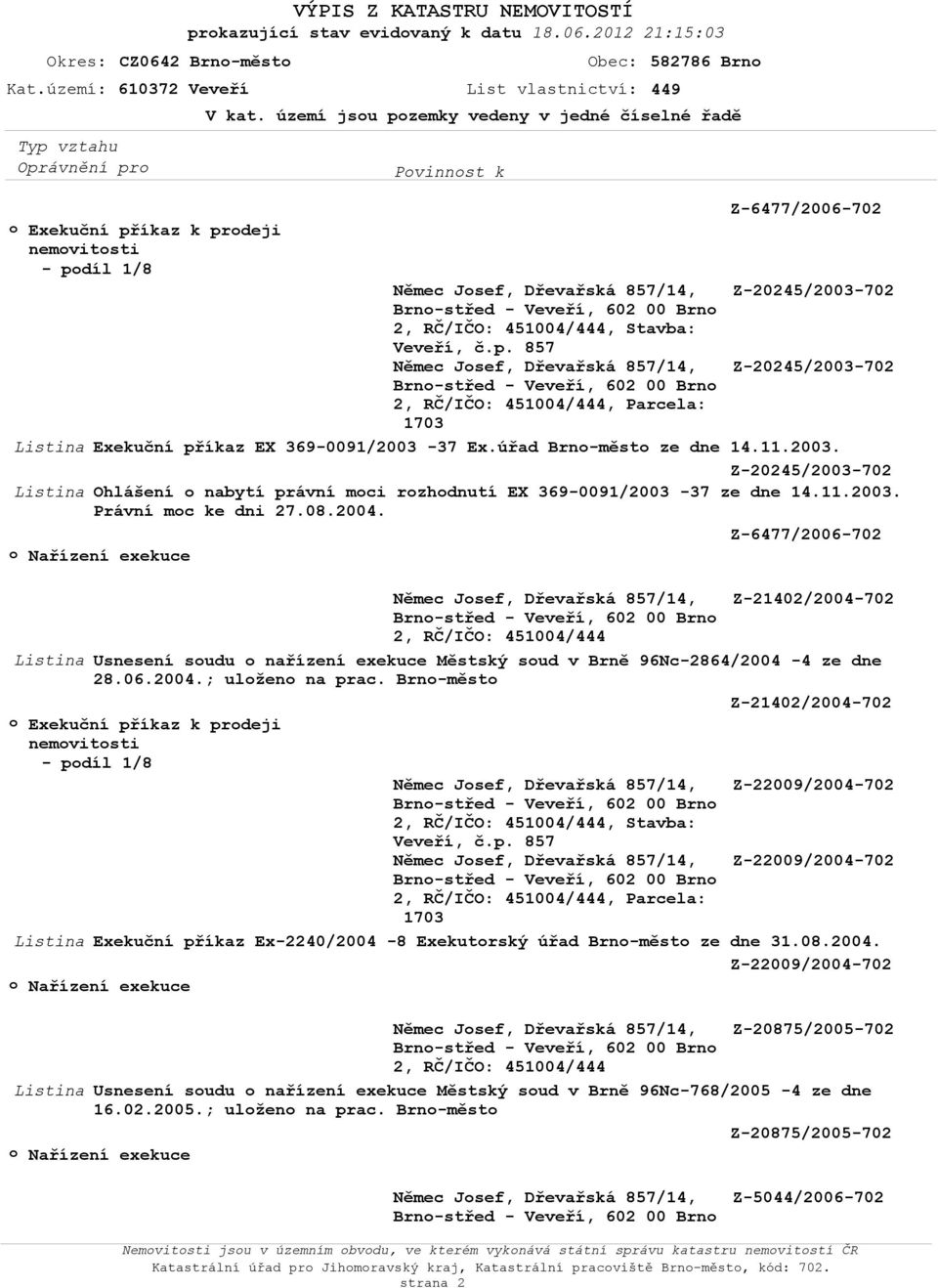 Z-20245/2003-702 Listina Exekuční příkaz EX 369-0091/2003-37 Ex.úřad Brn-měst ze dne 14.11.2003. Z-20245/2003-702 Listina Ohlášení nabytí právní mci rzhdnutí EX 369-0091/2003-37 ze dne 14.11.2003. Právní mc ke dni 27.