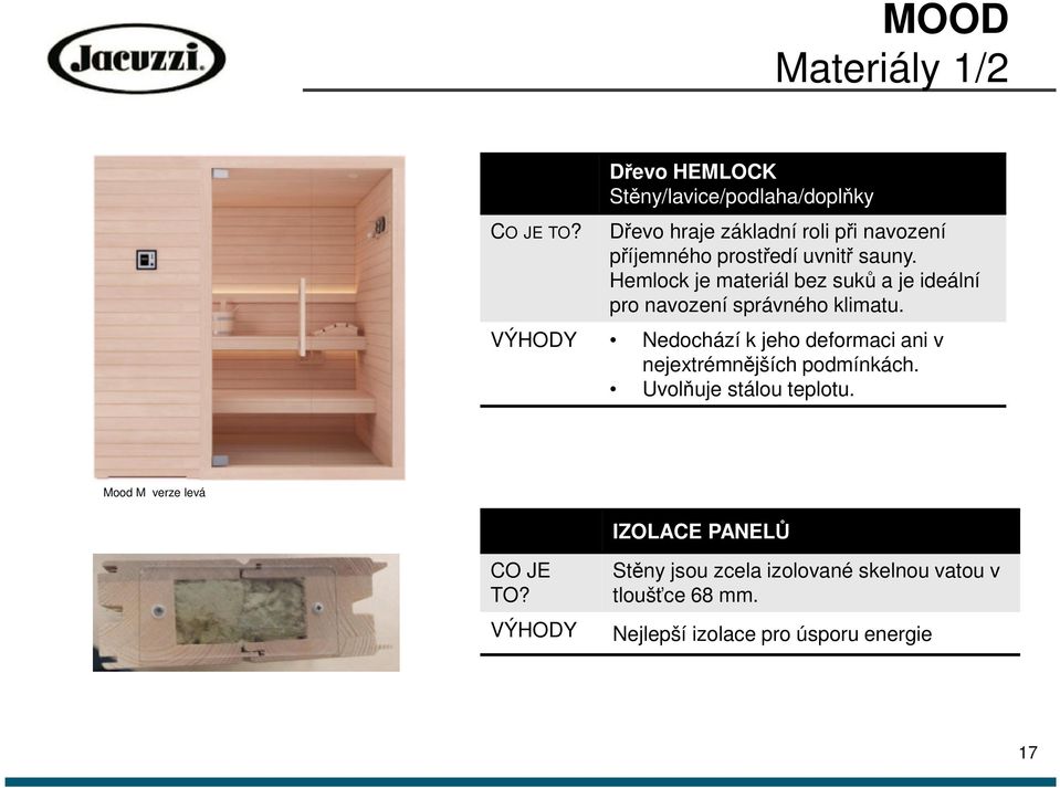 sauny. Hemlock je materiál bez suků a je ideální pro navození správného klimatu.