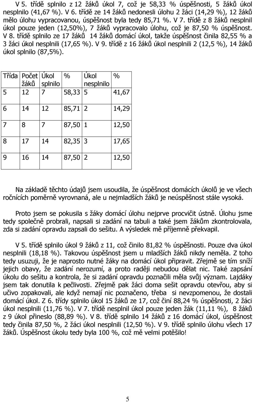 třídě z 8 žáků nesplnil úkol pouze jeden (12,50%), 7 žáků vypracovalo úlohu, což je 87,50 % úspěšnost. V 8.