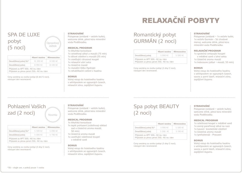 gurmán (2 noci) Dvoulůžkový pokoj 5 990 Kč 5 590 Kč Polopenze (snídaně + 1x večeře bufet, 1x večeře Gurmán - 5ti chodové menu), welcome drink, pitná kúra minerální 1x společná omlazující koupel v