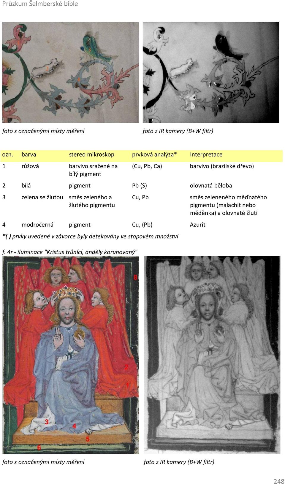 olovnatá běloba 3 zelena se žlutou směs zeleného a žlutého pigmentu Cu, Pb 4 modročerná pigment Cu, (Pb) Azurit *( ) prvky uvedené v závorce byly