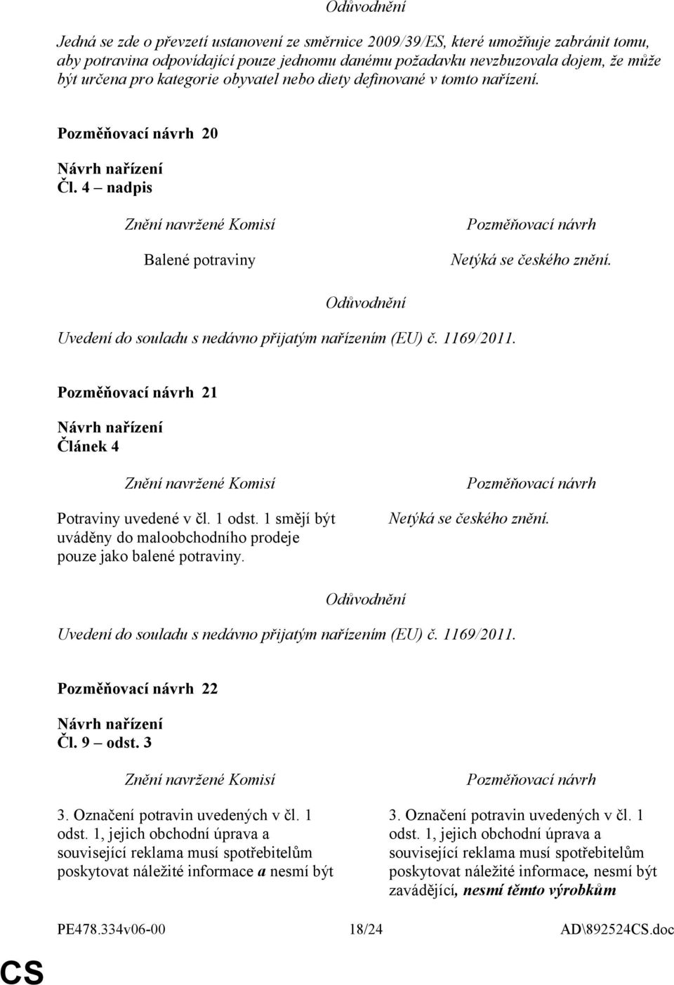 21 Článek 4 Potraviny uvedené v čl. 1 odst. 1 smějí být uváděny do maloobchodního prodeje pouze jako balené potraviny. Netýká se českého znění. Uvedení do souladu s nedávno přijatým nařízením (EU) č.