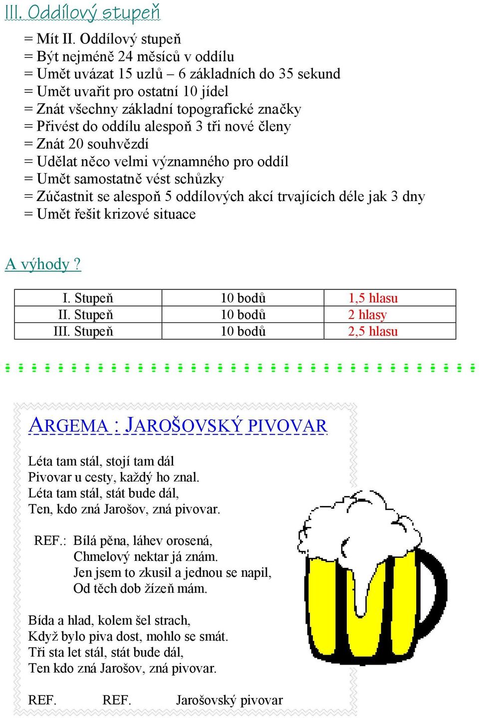 alespoň 3 tři nové členy = Znát 20 souhvězdí = Udělat něco velmi významného pro oddíl = Umět samostatně vést schůzky = Zúčastnit se alespoň 5 oddílových akcí trvajících déle jak 3 dny = Umět řešit