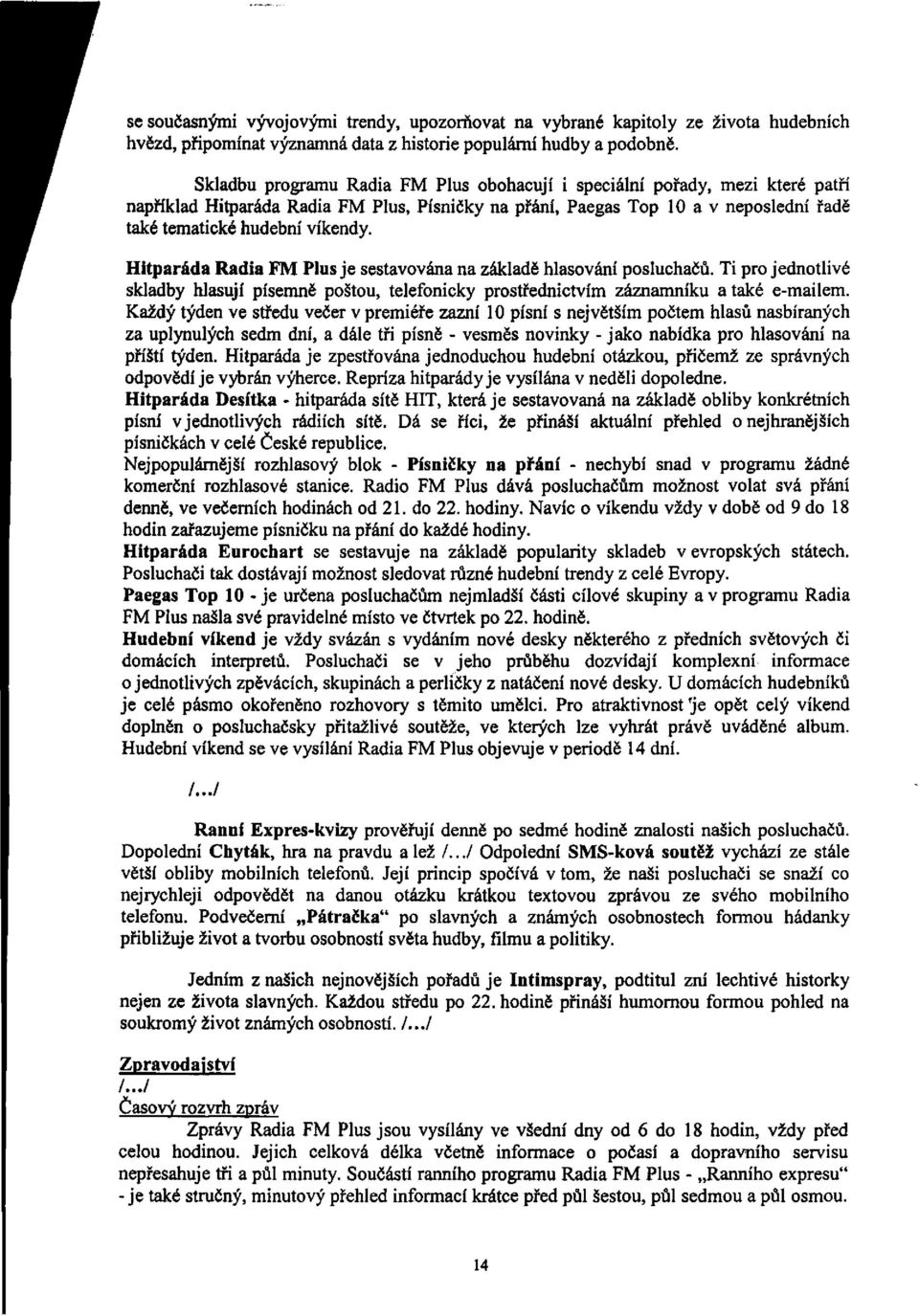 Hitparáda Radia FM Plus je sestavována na základě hlasování posluchačů. Ti pro jednotlivé skladby hlasují písemně poštou, telefonicky prostřednictvím záznamníku a také e-mailem.