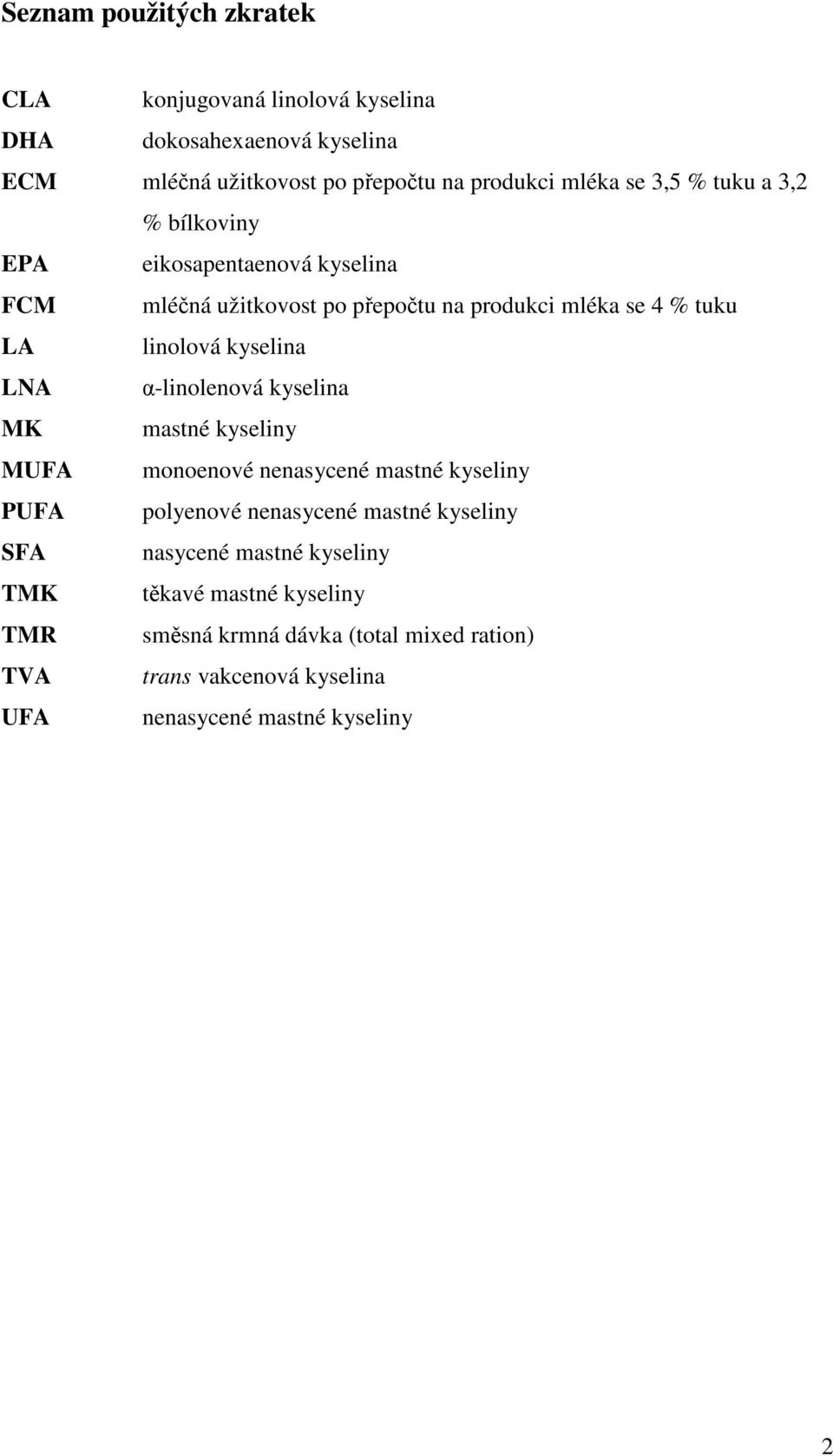 LNA α-linolenová kyselina MK mastné kyseliny MUFA monoenové nenasycené mastné kyseliny PUFA polyenové nenasycené mastné kyseliny SFA nasycené