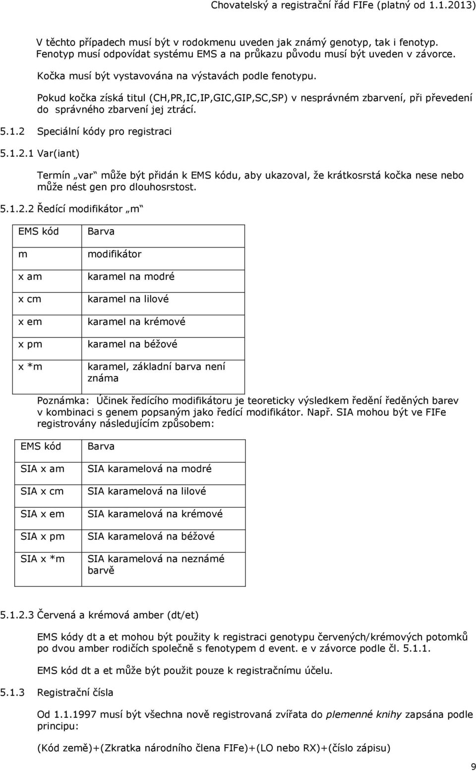 2 Speciální kódy pro registraci 5.1.2.1 Var(iant) Termín var může být přidán k EMS kódu, aby ukazoval, že krátkosrstá kočka nese nebo může nést gen pro dlouhosrstost. 5.1.2.2 Ředící modifikátor m EMS
