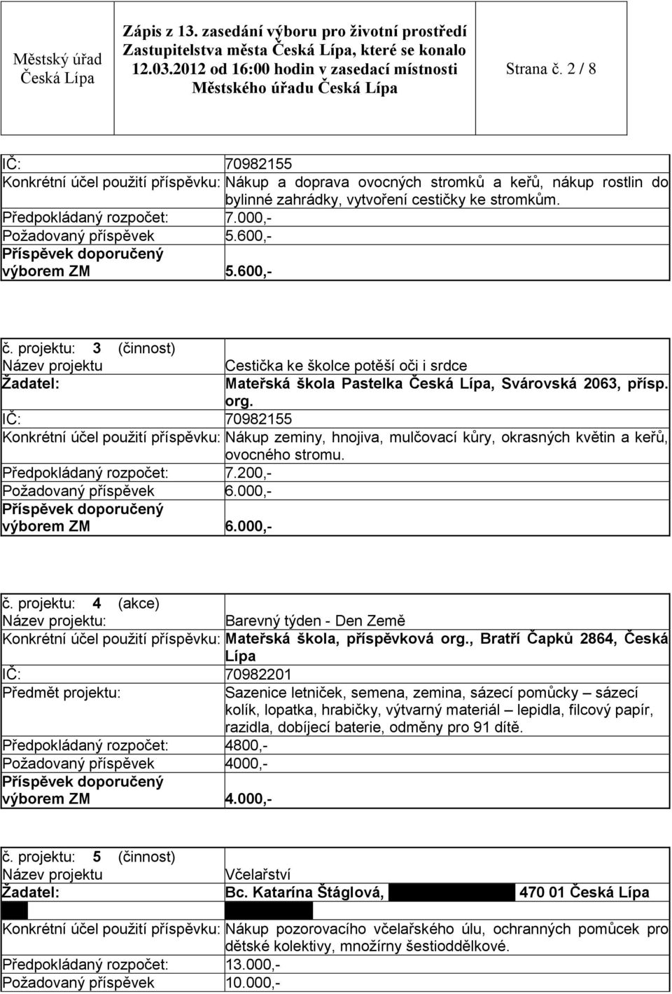 000,- Požadovaný příspěvek 5.600,- výborem ZM 5.600,- č. projektu: 3 (činnost) Cestička ke školce potěší oči i srdce Mateřská škola Pastelka, Svárovská 2063, přísp. org.