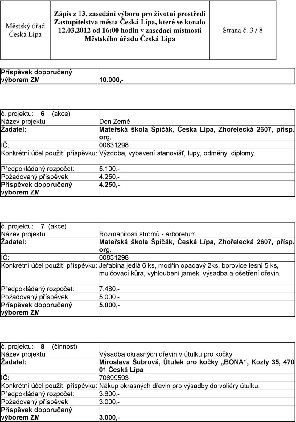 projektu: 7 (akce) Rozmanitosti stromů - arboretum Mateřská škola Špičák,, Zhořelecká 2607, přísp. org.