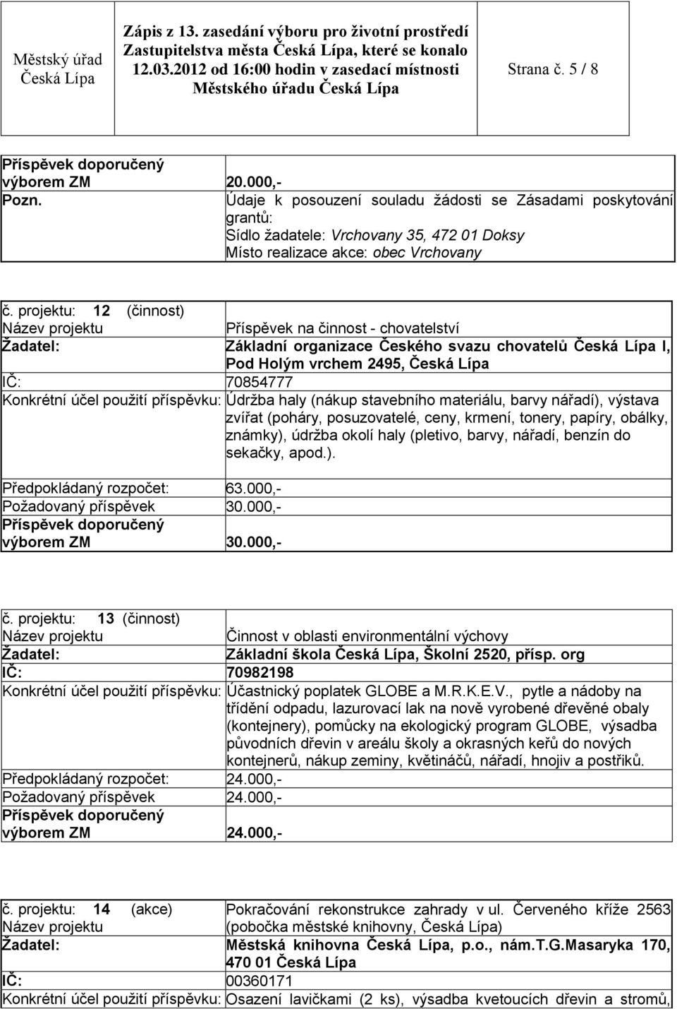 projektu: 12 (činnost) Příspěvek na činnost - chovatelství Základní organizace Českého svazu chovatelů I, Pod Holým vrchem 2495, IČ: 70854777 Konkrétní účel použití příspěvku: Údržba haly (nákup