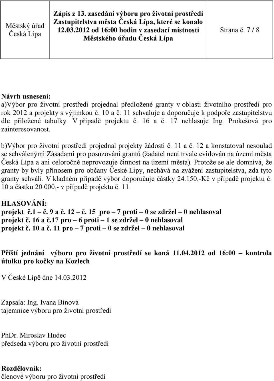 11 schvaluje a doporučuje k podpoře zastupitelstvu dle přiložené tabulky. V případě projektu č. 16 a č. 17 nehlasuje Ing. Prokešová pro zainteresovanost.