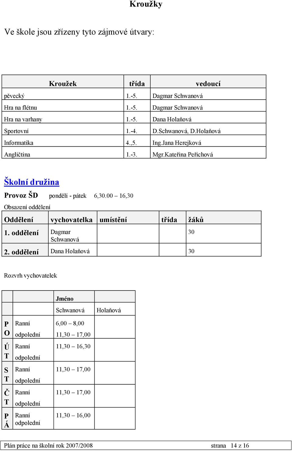 00 16,30 Obsazení oddělení Oddělení vychovatelka umístění třída žáků 1. oddělení Dagmar Schwanová 2.