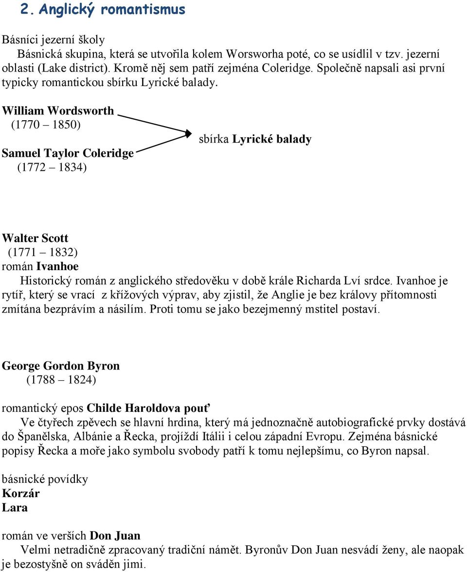 William Wordsworth (1770 1850) Samuel Taylor Coleridge (1772 1834) sbírka Lyrické balady Walter Scott (1771 1832) román Ivanhoe Historický román z anglického středověku v době krále Richarda Lví