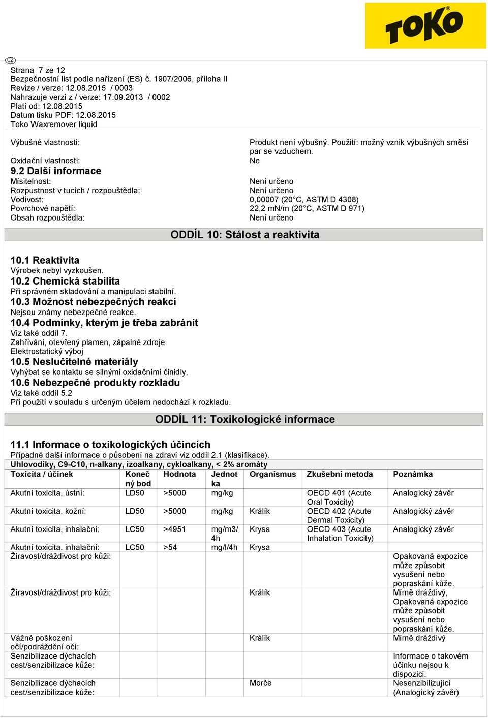 10.2 Chemická stabilita Při správném skladování a manipulaci stabilní. 10.3 Možnost nebezpečných reakcí Nejsou známy nebezpečné reakce. 10.4 Podmínky, kterým je třeba zabránit Viz také oddíl 7.