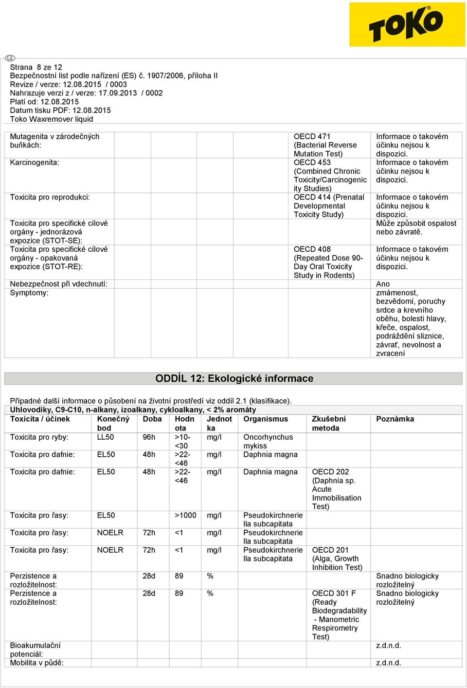 Developmental Toxicity Study) OECD 408 (Repeated Dose 90- Day Oral Toxicity Study in Rodents) Informace o takovém účinku nejsou k dispozici. Informace o takovém účinku nejsou k dispozici. Informace o takovém účinku nejsou k dispozici. Může způsobit ospalost nebo závratě.